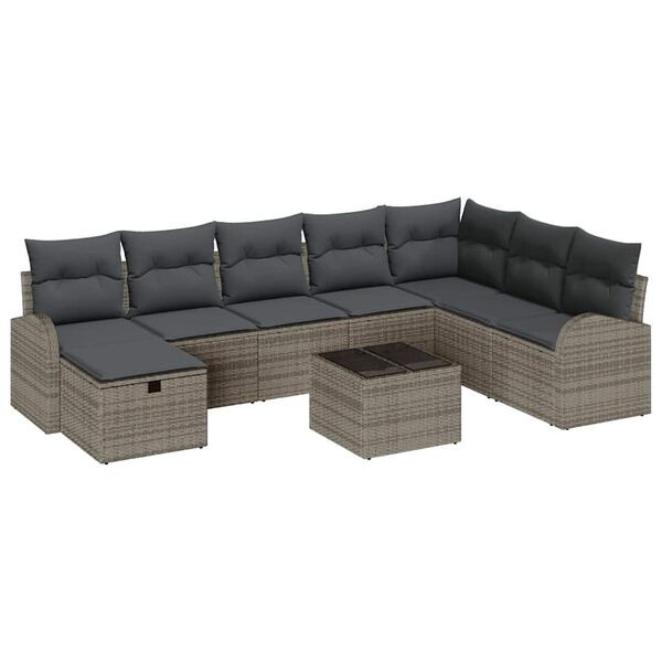 vidaXL Set de canapele pentru grădină cu pernă 9 pcs Gri Rattan poli