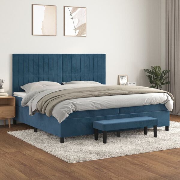 vidaXL Pat box spring cu saltea, albastru &icirc;nchis, 200x200 cm, catifea