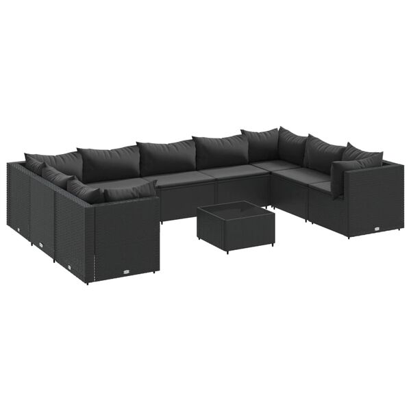 vidaXL Set mobilier de grădină cu perne, 10 piese, negru, poliratan