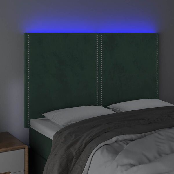 vidaXL Tăblie de pat cu LED, verde închis, 144x5x118/128 cm, catifea