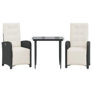 vidaXL Set bistro cu perne, 3 piese, negru, poliratan
