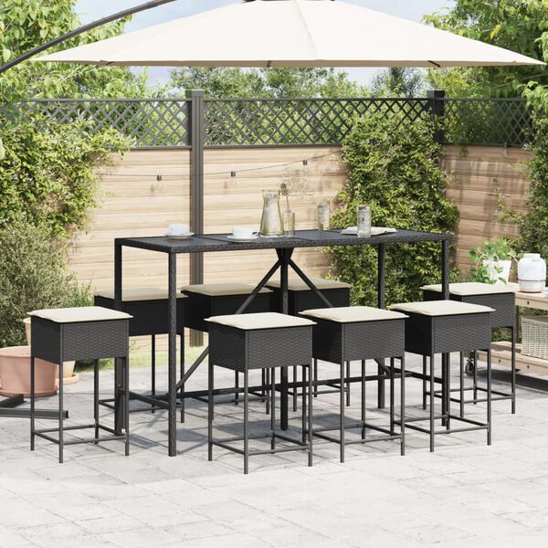 vidaXL Set mobilier bar de grădină cu perne, 9 piese, negru, poliratan