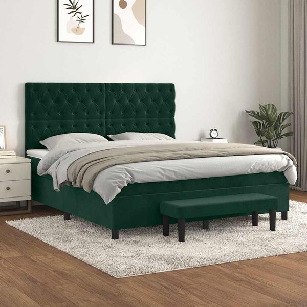 vidaXL Pat box spring cu saltea, verde &icirc;nchis, 160x200 cm, catifea