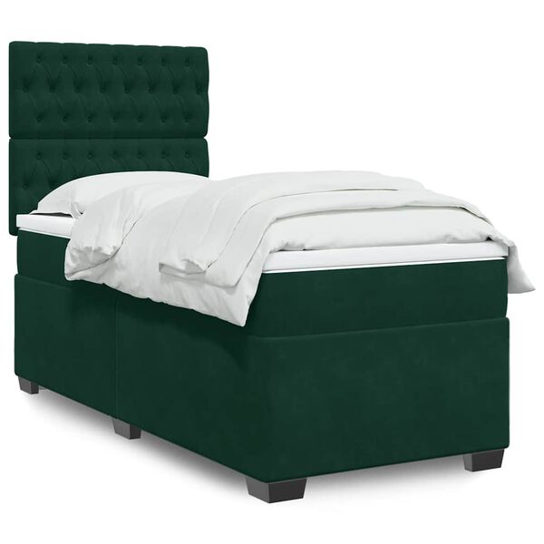 vidaXL Pat box spring cu saltea, verde &icirc;nchis, 100x200 cm, catifea