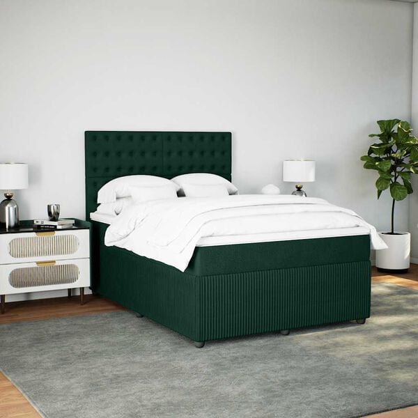 vidaXL Pat box spring cu saltea, verde &icirc;nchis, 140x190 cm, catifea