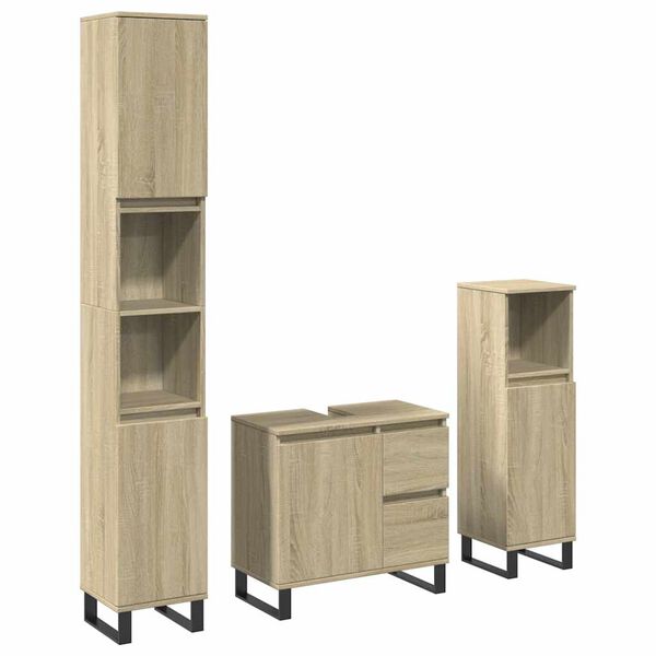 vidaXL Set mobilier de baie, 3 piese, stejar sonoma, lemn prelucrat