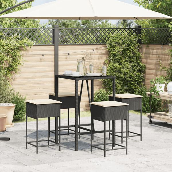 vidaXL Set mobilier bar de grădină cu perne, 5 piese, negru, poliratan