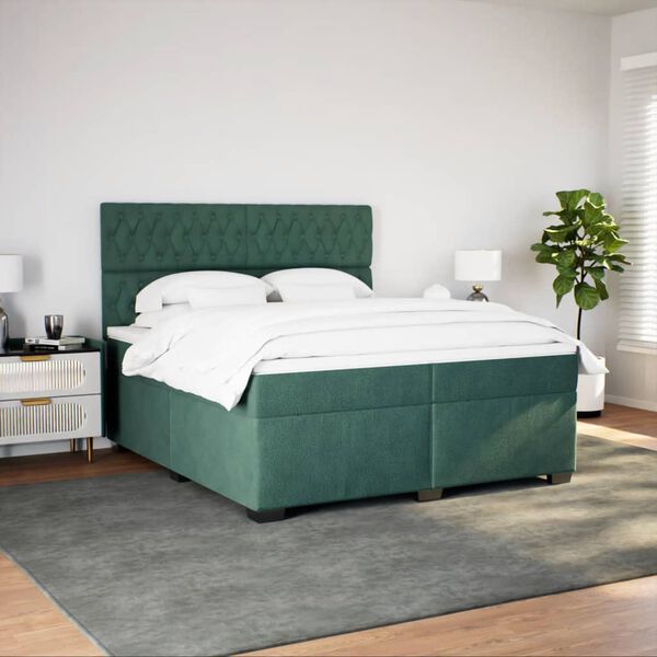vidaXL Pat box spring cu saltea, verde &icirc;nchis, 200x200 cm, catifea