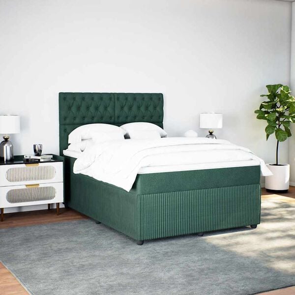 vidaXL Pat box spring cu saltea, verde &icirc;nchis, 140x190 cm, catifea
