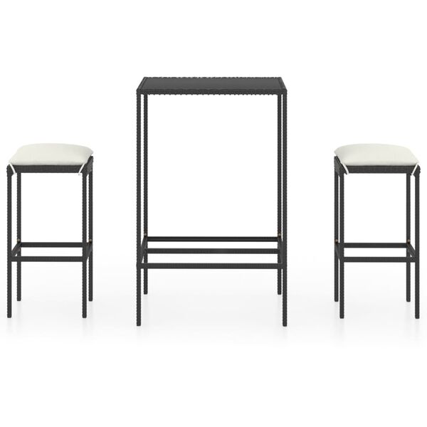 vidaXL Set mobilier bar de grădină cu perne, 3 piese, negru, poliratan