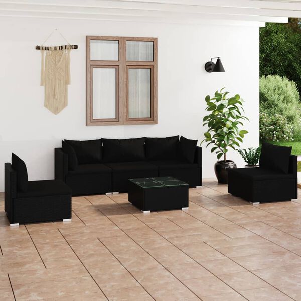 vidaXL Set mobilier de grădină cu perne, 6 piese, negru, poliratan