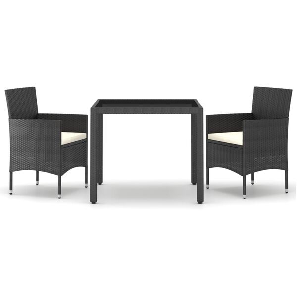 vidaXL Set mobilier grădină, 3 piese, negru, poliratan/sticlă tratată