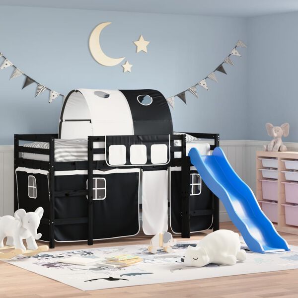 vidaXL Pat etajat de copii cu tunel alb/negru 90x190 cm lemn masiv pin