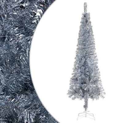 vidaXL Brad de Crăciun pre-iluminat slim, set globuri, argintiu 180 cm