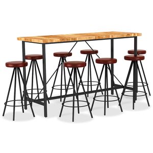 vidaXL Set de bar, 9 piese, lemn masiv de acacia și piele naturală