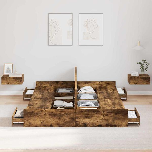 vidaXL Cadru de pat cu depozitare Stejar fumuriu 150 x 200 cm