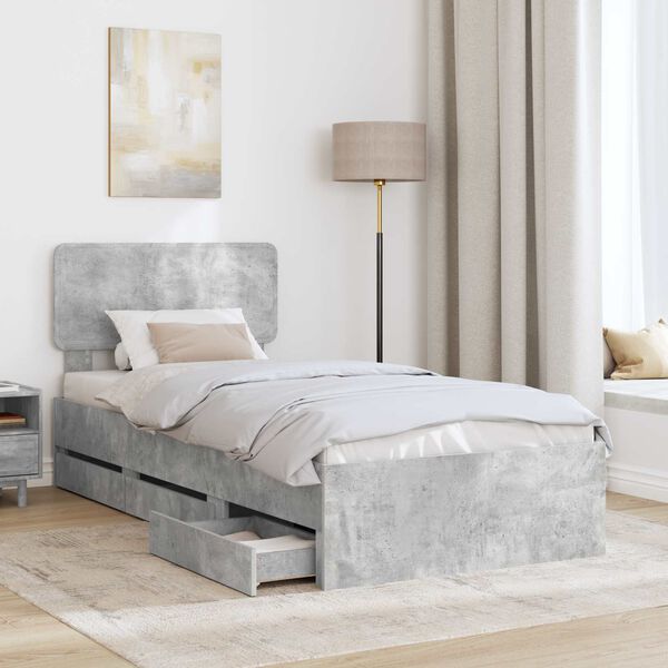 vidaXL Cadru de pat cu headboard Gri Beton 75 x 190 cm Lemn prelucrat