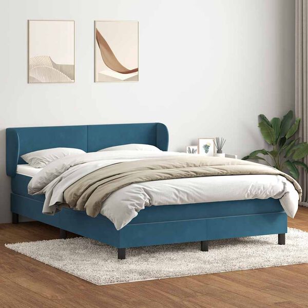 vidaXL Pat box spring cu saltea, albastru &icirc;nchis, 140x220 cm, catifea