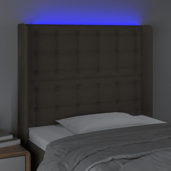 vidaXL Tăblie de pat cu LED, gri taupe, 103x16x118/128 cm, textil