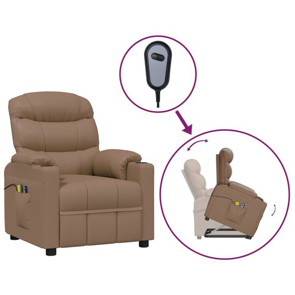 vidaXL Fotoliu masaj cu ridicare verticală, cappuccino piele ecologică
