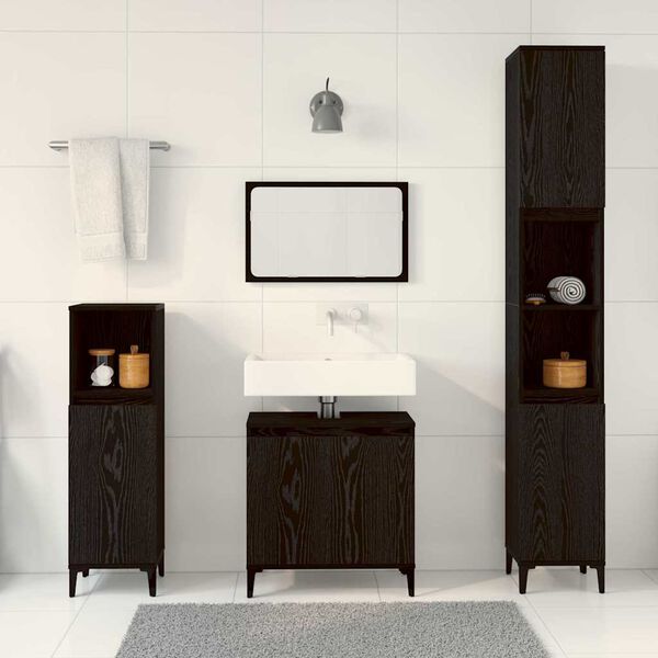 vidaXL Set de mobilier pentru baie Pe perete cu ușă 3 pcs Stejar Negru