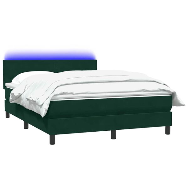 vidaXL Pat cu arcuri cu saltea și LED, Verde &icirc;nchis, 140x210 cm, catifea