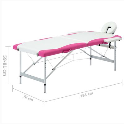 vidaXL Masă pliabilă de masaj, 2 zone, alb și roz, aluminiu