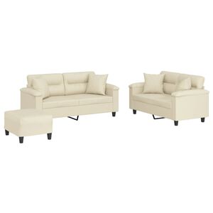 vidaXL Set de canapele cu perne, 3 piese, crem, piele ecologică