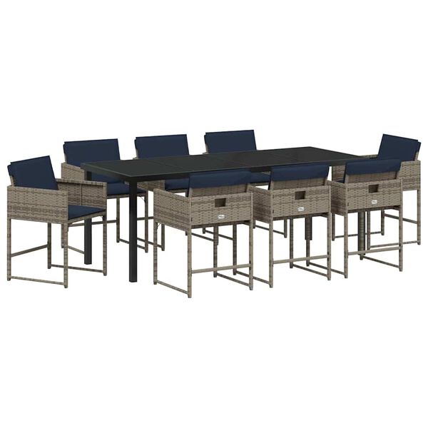 vidaXL Set de masă pentru grădină cu pernă 9 pcs Gri poliratan