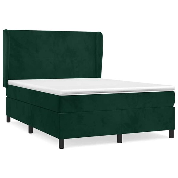 vidaXL Pat box spring cu saltea, verde &icirc;nchis, 140x190 cm, catifea