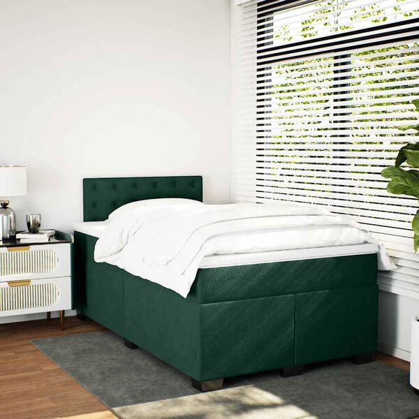 vidaXL Pat box spring cu saltea, verde &icirc;nchis, 140x190 cm, catifea