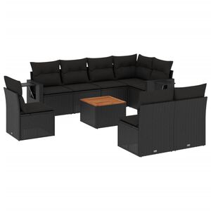 vidaXL Set mobilier de grădină cu perne, 9 piese, negru, poliratan