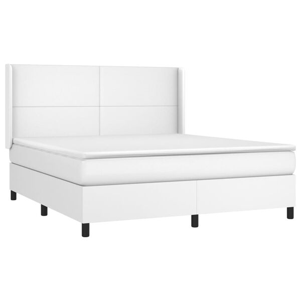 vidaXL Pat box spring cu saltea, alb, 160x200 cm, piele ecologică