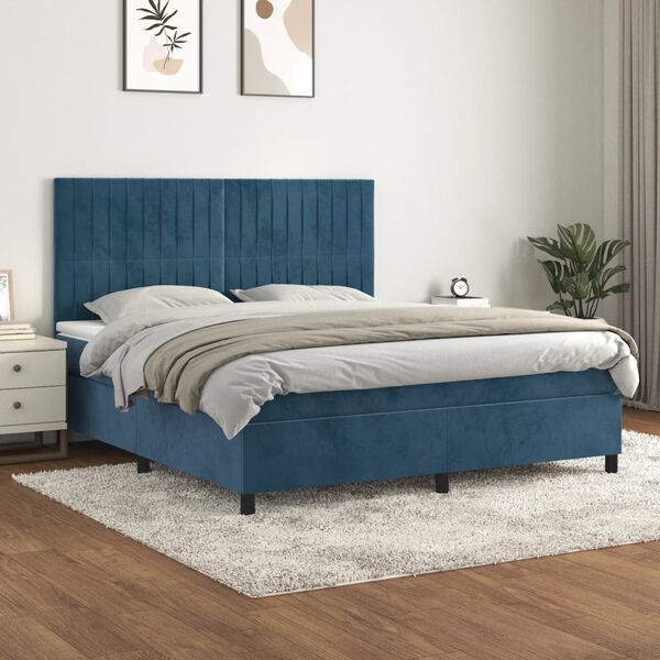 vidaXL Pat box spring cu saltea, albastru &icirc;nchis, 180x200 cm, catifea