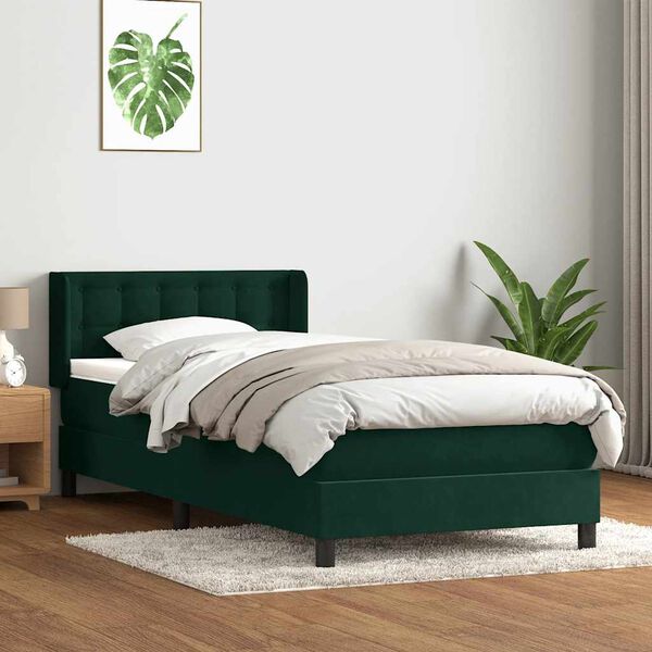 vidaXL Pat box spring cu saltea, verde &icirc;nchis, 80x220 cm, catifea