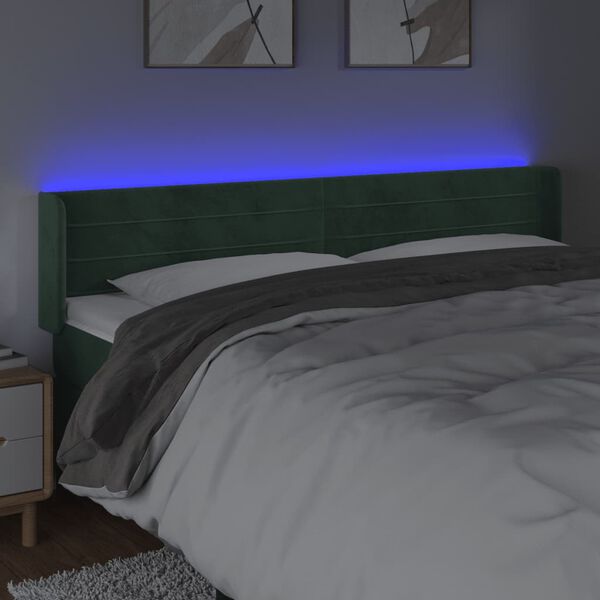 vidaXL Tăblie de pat cu LED, verde &icirc;nchis, 203x16x78/88 cm, catifea