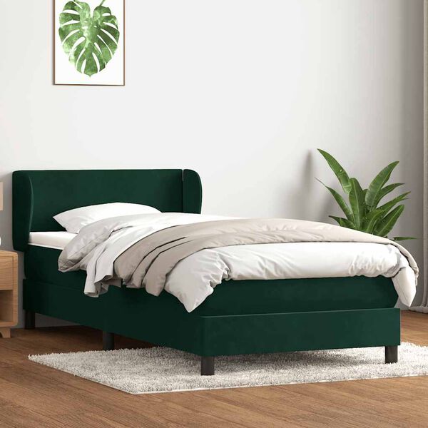 vidaXL Pat box spring cu saltea, verde &icirc;nchis, 90x210 cm, catifea
