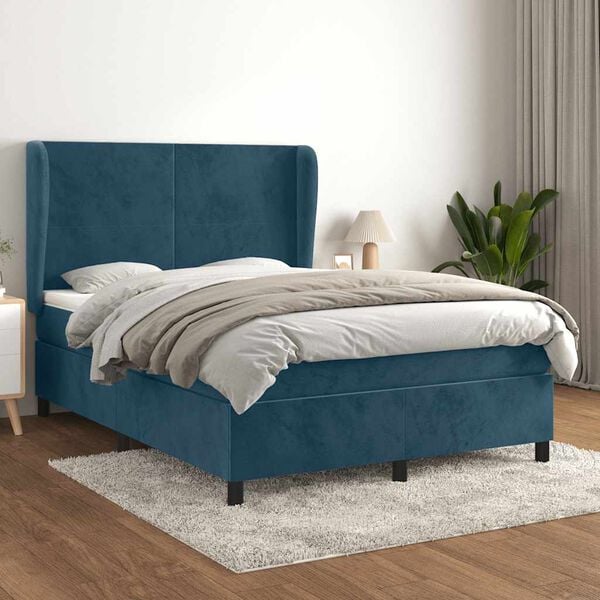 vidaXL Pat box spring cu saltea, albastru &icirc;nchis, 140x200 cm, catifea