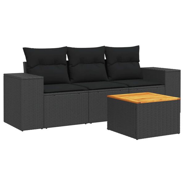 vidaXL Set mobilier de grădină cu perne, 4 piese, negru, poliratan