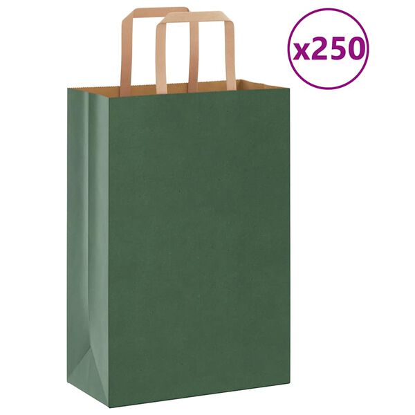 vidaXL Pungi de h&acirc;rtie 250 buc cu m&acirc;nere verde 21x11x31 cm
