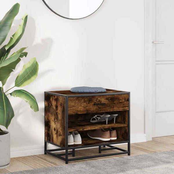 vidaXL Bancă pentru pantofi, stejar afumat, lemn prelucrat și metal