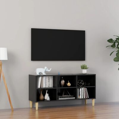 vidaXL Comodă TV, picioare lemn masiv, negru extralucios, 103,5x30x50 cm