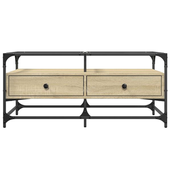 vidaXL Măsuță cafea cu blat din sticlă stejar sonoma 98,5x50x45cm oțel