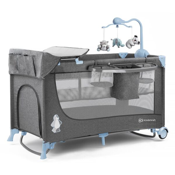 Kinderkraft Pat pliabil pentru bebeluși JOY cu accesorii albastru&gri