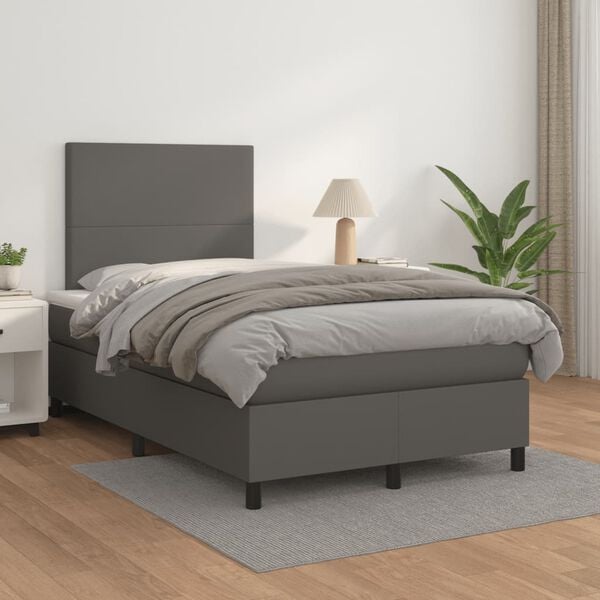 vidaXL Pat box spring cu saltea, gri, 120x190 cm, piele ecologică