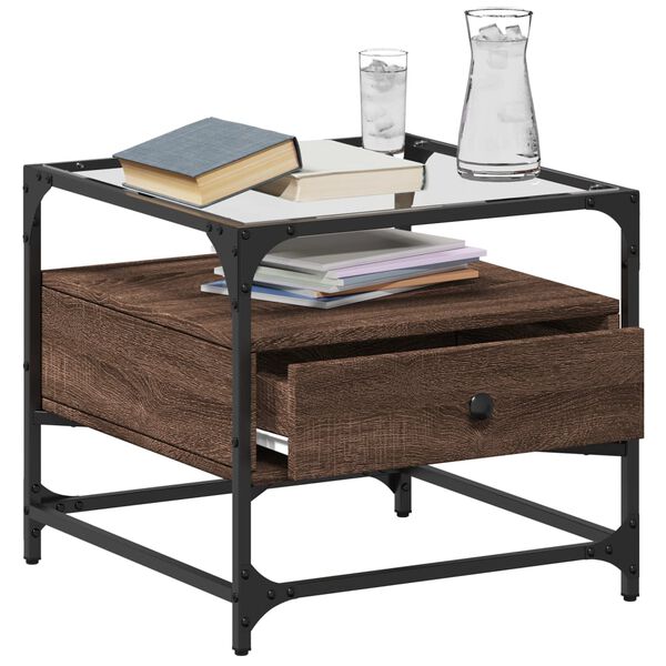 vidaXL Măsuță cafea cu blat din sticlă stejar maro 50x50x45 cm oțel