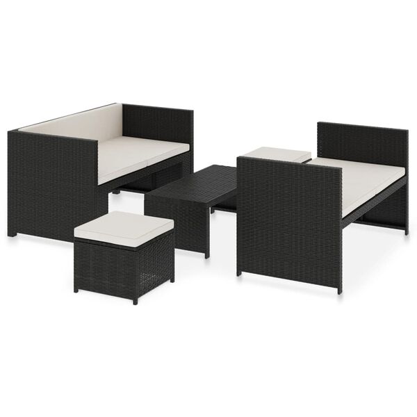 vidaXL Set mobilier de grădină cu perne, 5 piese, negru, poliratan