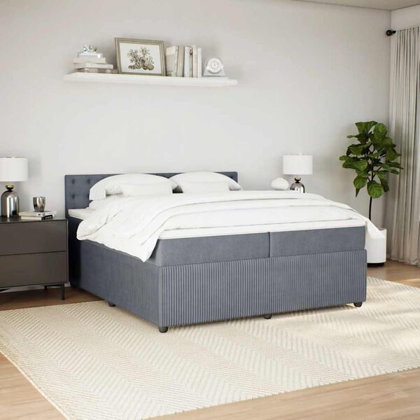vidaXL Pat box spring cu saltea, gri &icirc;nchis, 200x200 cm, catifea