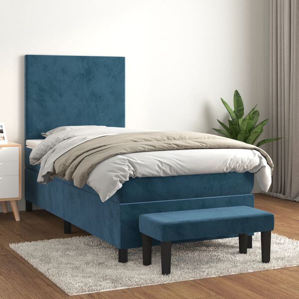 vidaXL Pat box spring cu saltea, albastru &icirc;nchis, 90x200 cm, catifea