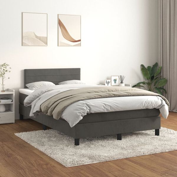 vidaXL Pat box spring cu saltea, gri &icirc;nchis, 120x190 cm, catifea